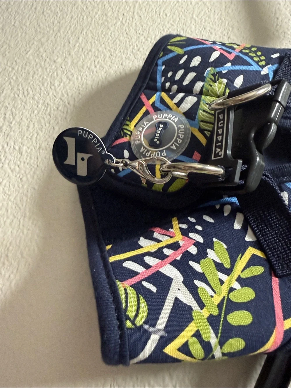 Puppia Navy Harness with Multicolor Leaf & Geometric Print